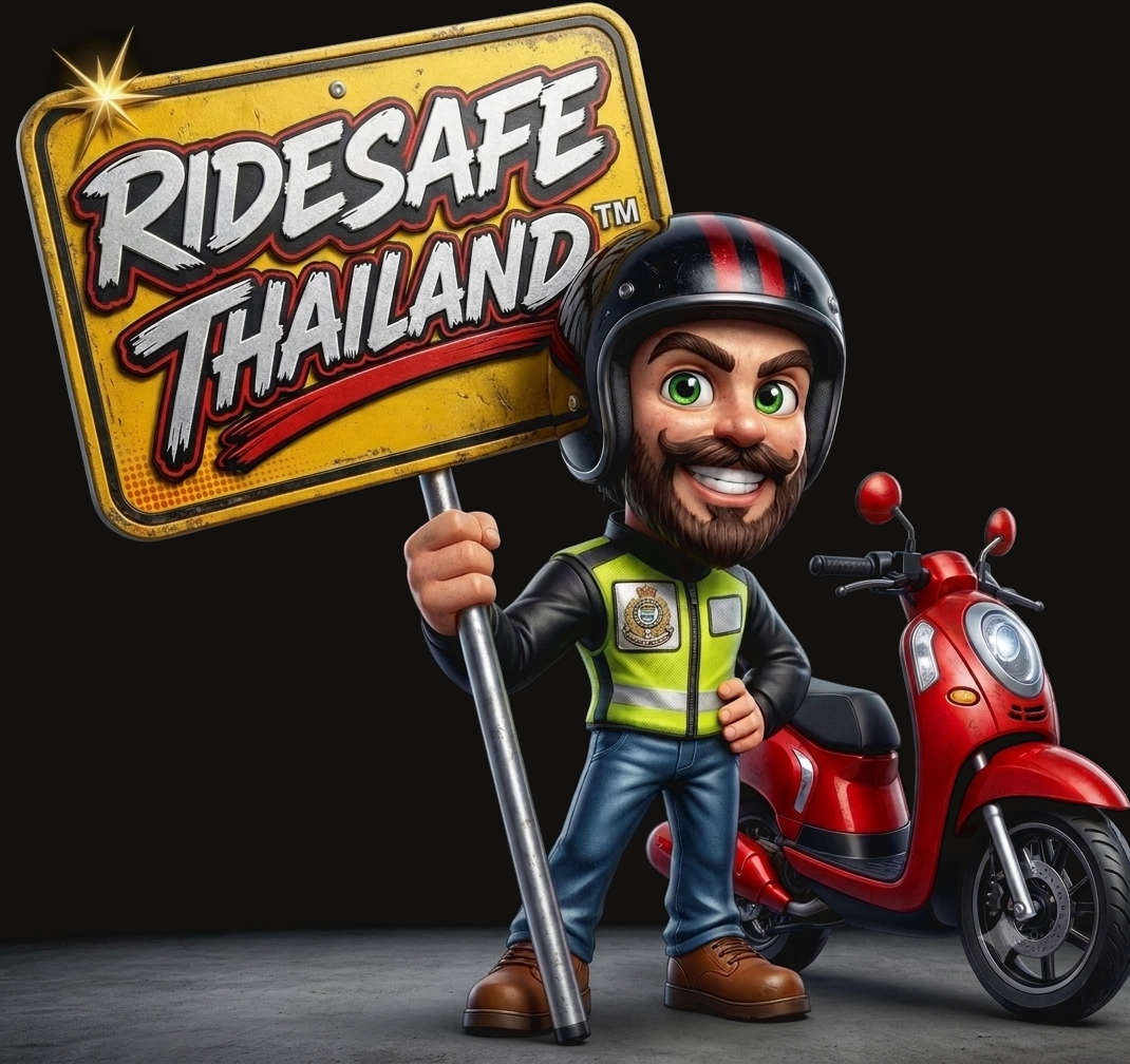 Daniel, the RIDESAFE THAILAND mascot, holding a RIDESAFE THAILAND road sign beside a red scooter