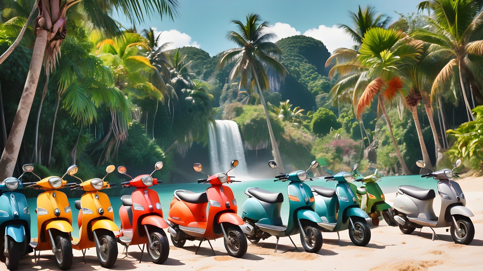A group of tourists on scooters in tropical Thailand