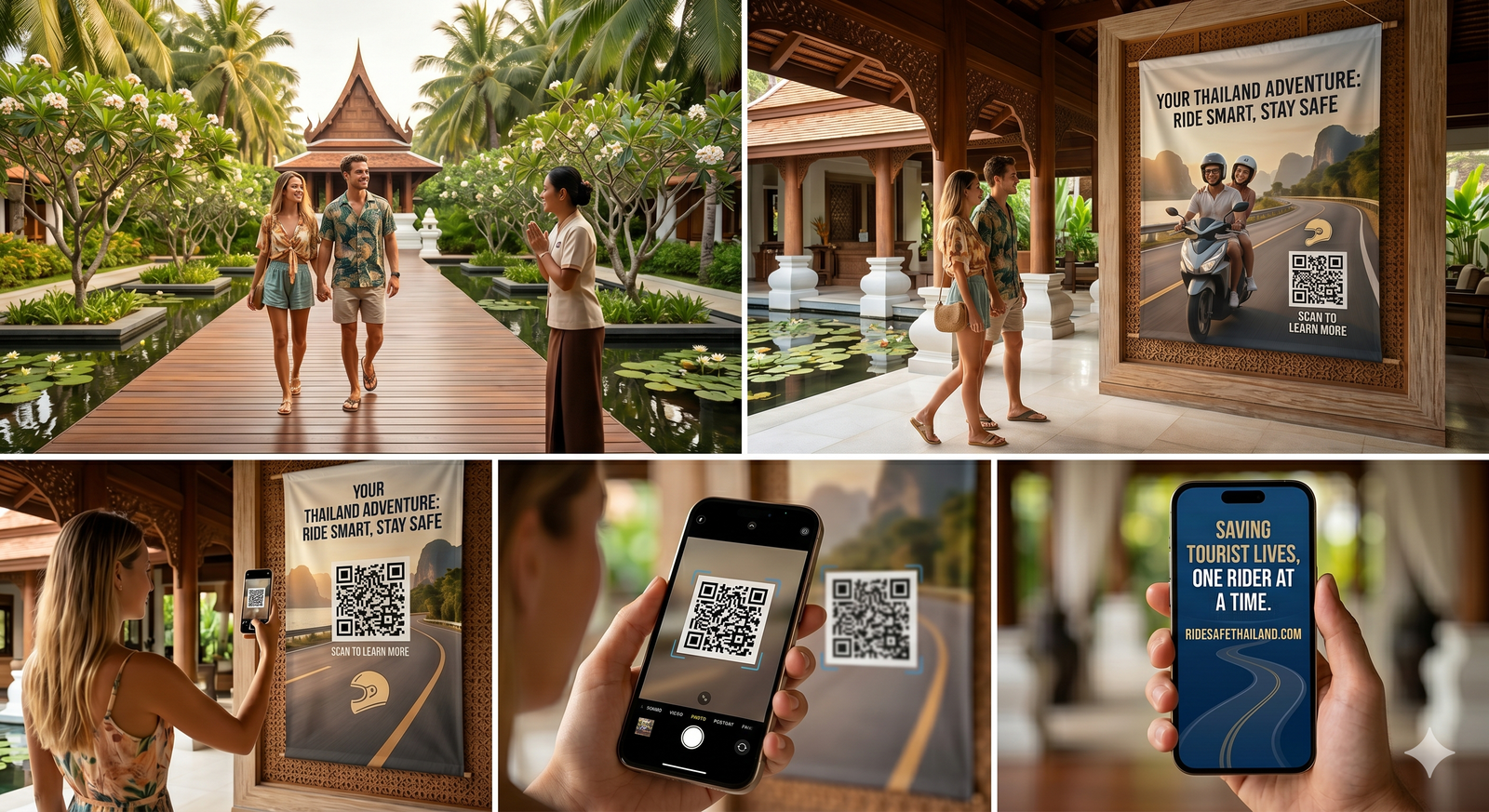 How RIDESAFE THAILAND works: tourists exploring a Thai resort, scanning a QR code from a Ride Smart Stay Safe poster to open the app, and viewing the Saving Tourist Lives screen on their phone